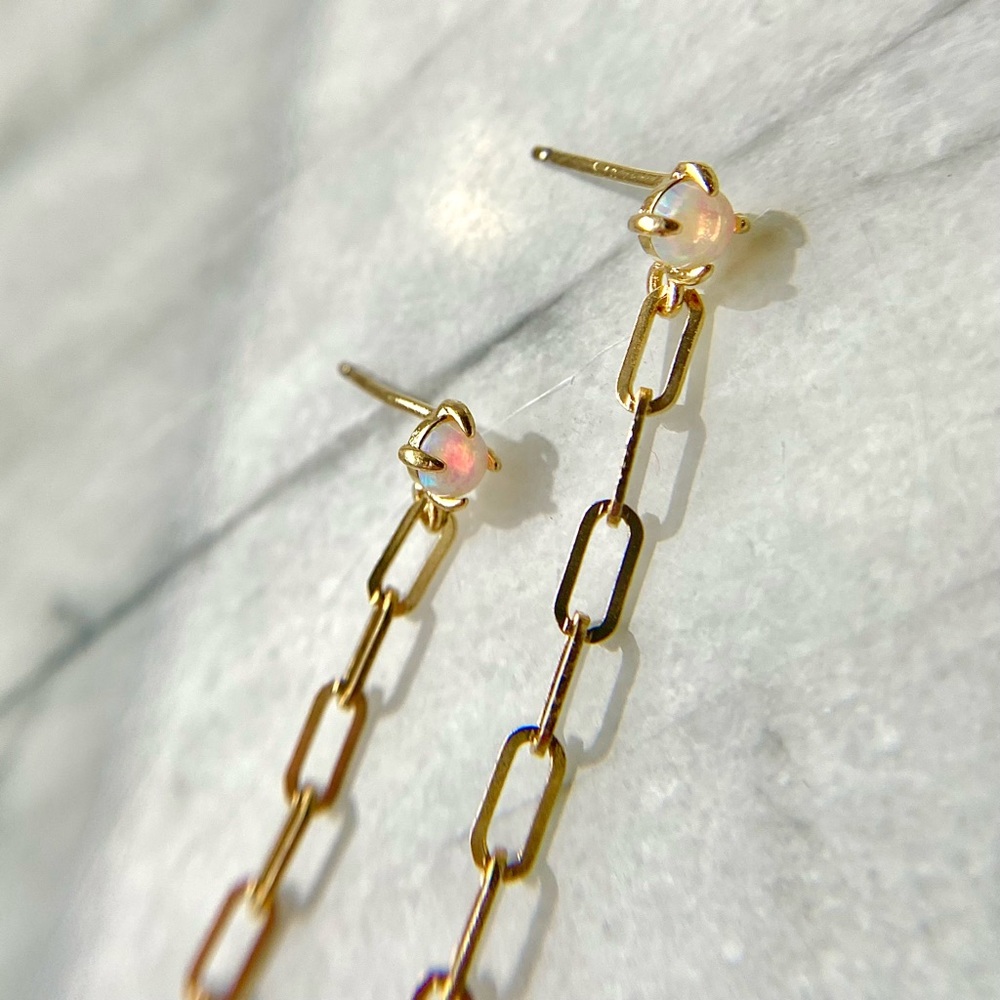 NWT Anthropologie TAI Chain Link Drop Earrings Gold Opal Stone - Picture 6 of 16
